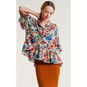 NWT Umgee M Colorful Flower Garden Cotton Seersucker Button Front Ruffle Hem Top